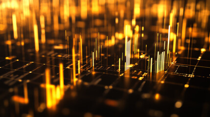 Digital visualization of financial data represented through golden bars and grids