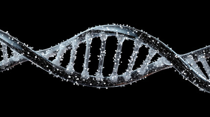 Scientific illustration of a three-dimensional DNA double helix structure against a black background