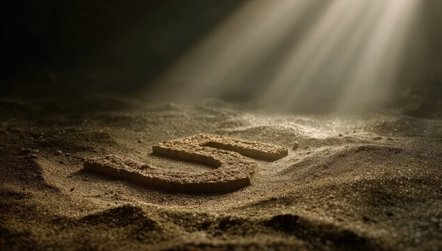 Ancient inscription in sand, lit by beams