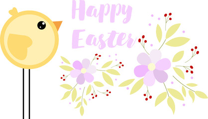 Happy Easter. Flowers, yellow chick and the words "Happy Easter" on a white background. For banners, cards, social networks. Vector