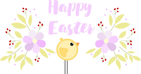 Happy Easter. Flowers, chick and Happy Easter inscription on white background. For banners, cards, social networks. Vector