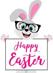 Happy Easter. Easter bunny wearing glasses and sign saying "Happy Easter" on white background. For banners, cards, social networks. Vector