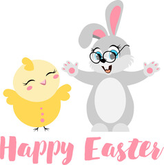 Happy Easter. Easter bunny in glasses and funny chick on white background. For banners, cards, social networks. Vector