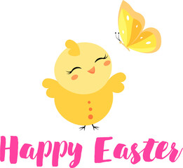 Happy Easter. Funny chick and butterfly on a white background. For banners, cards, social networks. Vector