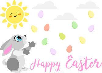 Happy Easter. Easter eggs, Easter bunny, sun and Happy Easter inscription. For banners, cards, social networks. Vector
