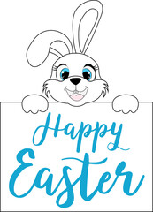 Happy Easter. White Easter bunny and Happy Easter sign. For banners, cards, social networks. Vector