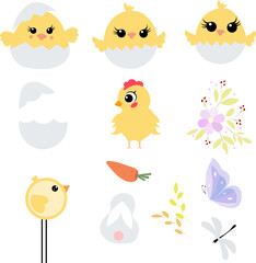 Happy Easter. Set of Easter elements: chickens, eggs, eggshells, butterfly, flowers on a white background. For banners, cards, social networks. Vector