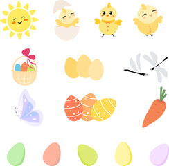 Happy Easter. Set of Easter elements: sun, chickens, eggs, butterfly on a white background. For banners, cards, social networks. Vector