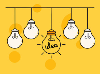 Set of hanging light bulbs with one glowing. Trendy flat vector light bulb icons with concept of idea on yellow background.