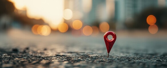 The Red Location Pin on Urban Street with Bokeh Background