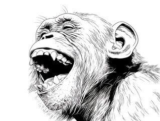 A detailed illustration captures a chimpanzee in mid-laughter, teeth bared and eyes crinkled with mirth. Its expressive face showcases the raw emotion and the striking likeness to human emotion.