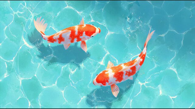 Vibrant Japanese watercolor painting of colorful Koi fish, abstract illustration symbolizing luck, prosperity, and fluid motion.