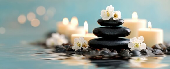 The serene arrangement of stones, candles, and flowers for relaxation.