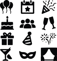 Party & Celebration Icon Set – Black Silhouettes of Balloons, Cake, Confetti, Gift, Fireworks, Party Hat, Champagne Glasses, Mask, Calendar, Drinks, Stage & More for Birthday, Festive Events, 