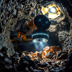 Robot exploring dark cave. A futuristic robotic drone with a camera and light inspects mineral deposits in a dark cave.