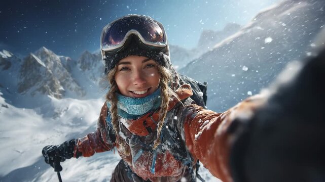 Snowboard girl taking action selfie amid flying powder on mountain