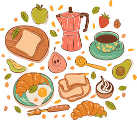 Cozy autumn breakfast with coffee, moka pot, croissant, egg toast, apples, and fall leaves. Warm seasonal style perfect for cafe ads, autumn menus, or lifestyle illustrations
