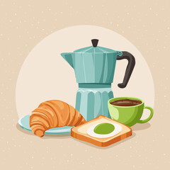 Stylish breakfast setup with moka pot, pink coffee cup, croissant, toast, and cheese. Clean vector art ideal for cafe branding, food packaging, or morning-themed products