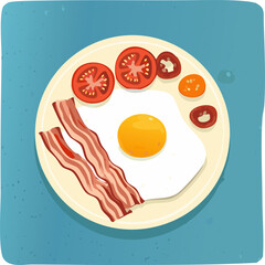 Tasty breakfast with fried egg, crispy bacon, and sliced tomatoes on a round plate. Flat vector style perfect for food packaging, restaurant menus, and cooking-themed designs