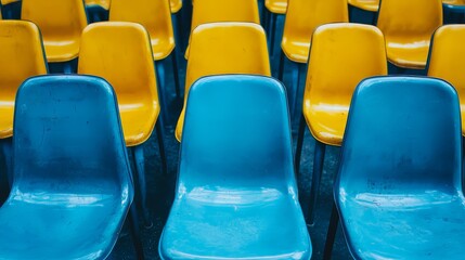 Naklejka premium Row of blue and yellow chairs are empty. The chairs are arranged in a row, with the yellow chairs in the middle and the blue chairs on either side. The chairs are all facing the same direction