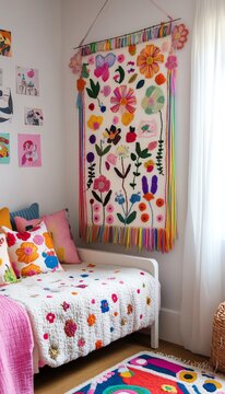 Colorful and artistic bedroom with floral tapestry, vibrant decor, and cozy atmosphere illuminated by natural light.