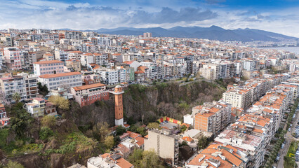 Fototapeta premium The Historical Elevator in Konak District of Izmir, Turkey. Beautiful top view of Izmir with Historical Elevator.