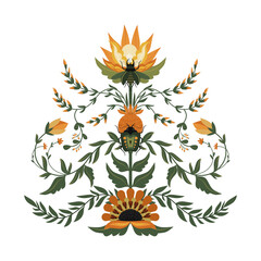 Floral design featuring vibrant sunflowers and intricate beetles in a natural arrangement