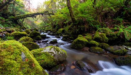 Obraz premium A crystal-clear stream carving through vibrant moss-covered stones, reflecting a misty dawn with sharp, vivid details.