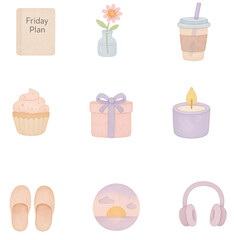 Friday Pastel Watercolor Icons Set – Cozy Minimal Vibes