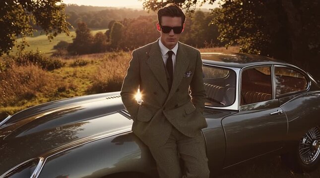 Cinematic fashion shot of a man in a tailored tweed suit and sunglasses leaning against a vintage Jaguar E-Type in the English countryside, bathed in warm golden-hour light and classic elegance.