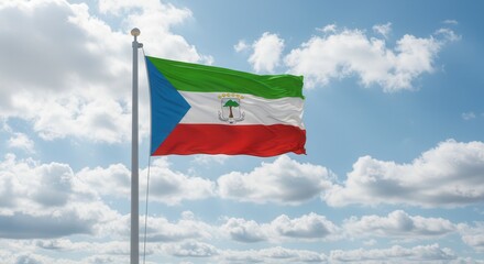 Equatorial Guinea National Flag Waving on Tall Flagpole in Sky with Clouds – Equatorial Guinea Independence Day Celebration, Patriotism, Freedom, Equatorial Guinea Culture & Heritage