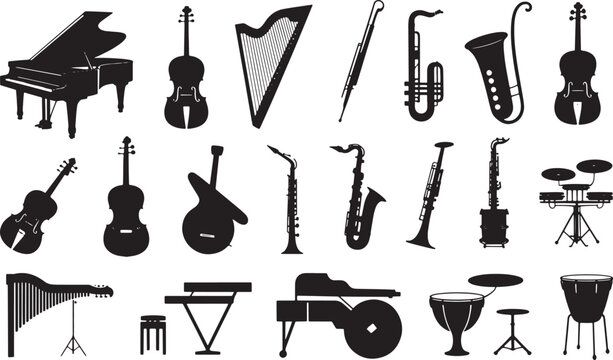 Orchestral Instruments Silhouette Collection Diverse Musical Instruments Ensemble Isolated on Transparent Backdrop