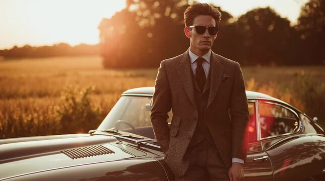 Cinematic fashion shot of a man in a tailored tweed suit and sunglasses leaning against a vintage Jaguar E-Type in the English countryside, bathed in warm golden-hour light and classic elegance.