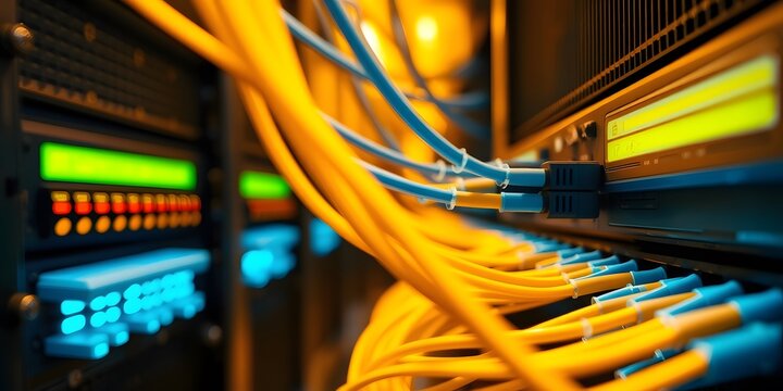 A macro view of color-coded fiber optic cables in a high-performance server rack - Powered by Adobe