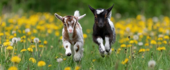 The playful goats jumping joyfully in a vibrant field of dandelions