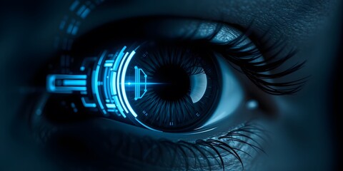 Close-up of a real human eye with digital interface elements faintly layered over the iris