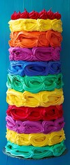 Fototapeta premium Colorful seven-layer cake with rainbow frosting against a vivid blue background.