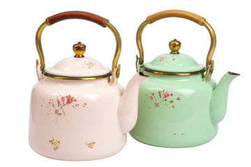 Set of Two Vintage Teapots in Soft Pastel Colors, isolated on transparent background
