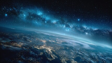 Earth At Night From Space With Starry Sky