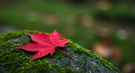 Vibrant Red Maple Leaf Adorned with Water Droplets on Mossy Rock.