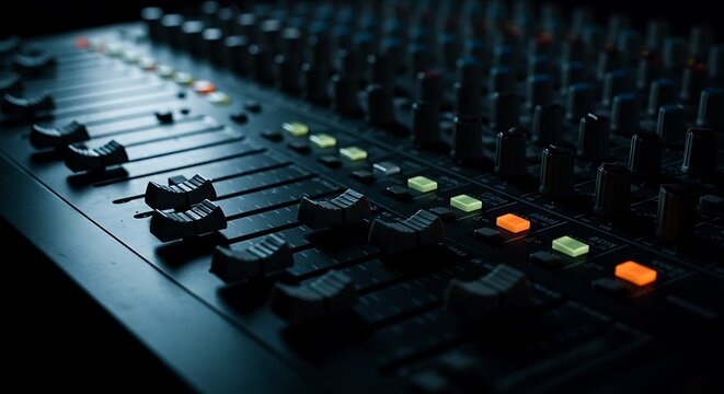 Professional audio mixing console with faders and knobs, used for sound engineering and music production.