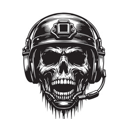 black Zombie head with helmet Silhouette Vector, High Quality Illustration on White Background