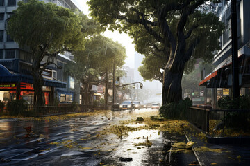 Fototapeta premium Downpour during daytime thunderstorm with traffic moving on city street
