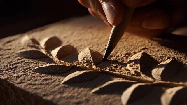 Hand Carving a Leaf Pattern into Wood with Chisel in Warm Light