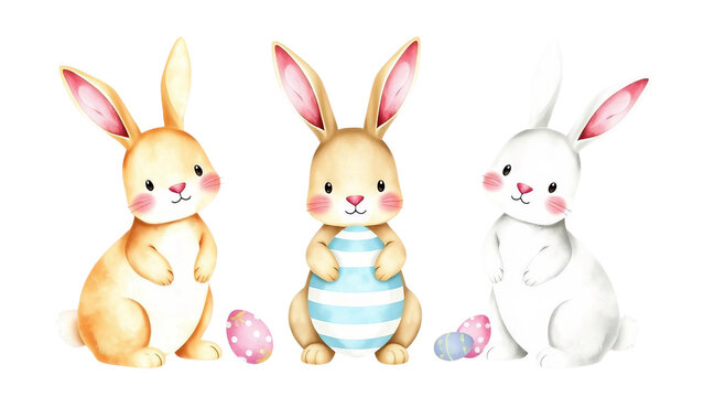 Drei s&uuml;&szlig;e Osterhasen im Aquarellstil, mit bunten Ostereiern. Freigestellt auf transparentem Hintergrund. Ideal f&uuml;r Osterkarten, Kinderdesigns oder Deko.