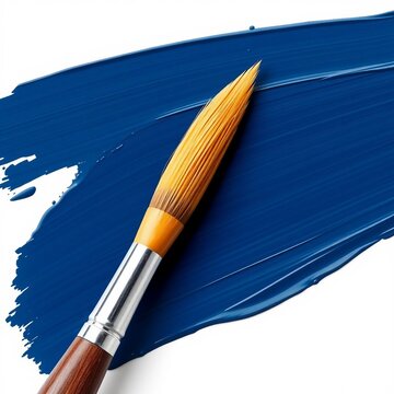 Detailreiches Foto eines hochwertigen Pinsels, der einen satten blauen Farbstrich auf wei&szlig;em Hintergrund zieht. Ideal f&uuml;r kreative Projekte, Kunst- und Designkonzepte.