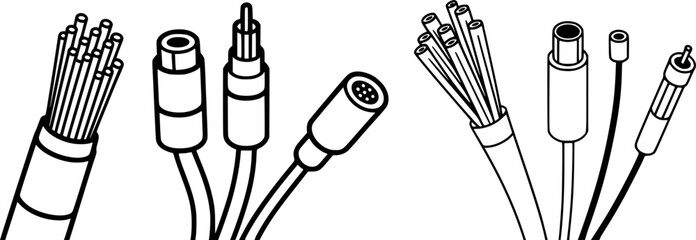Black and white illustration of various electrical connectors and cables wires audio cables