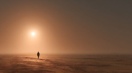 Fototapeta premium Lone figure stands in shallow water as the sun sets through a hazy golden sky