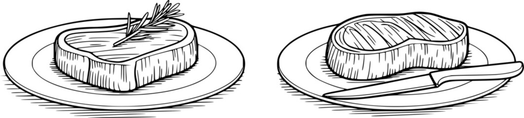 Black and white line drawing of two steaks on plates with a knife meat food