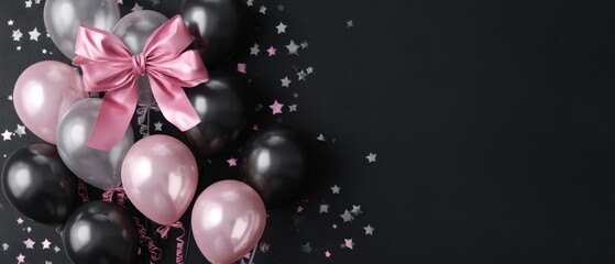 The beautiful arrangement of pink, black, and silver balloons with a ribbon